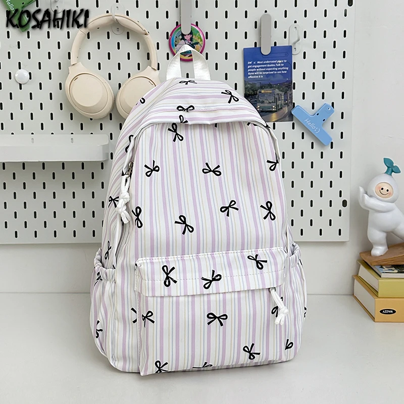 

High-capacity Women Sweet Preppy Backpacks Japanese Y2k Aesthetic Fashion Students Backpack Kawaii Striped Bow Print Schoolbags