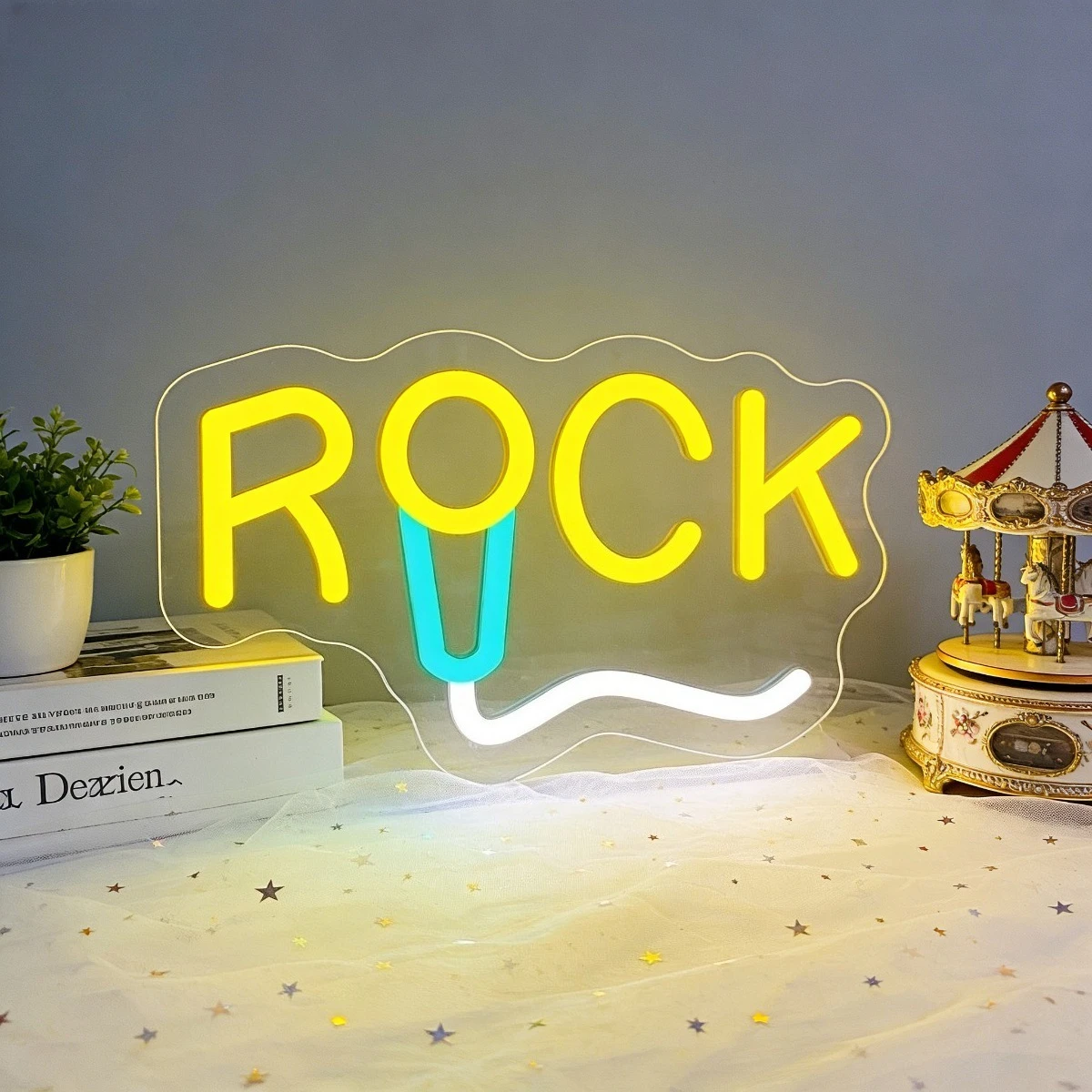 

Неоновая вывеска ROCK: Светодиодная лампа-волна (желтая, синяя) для спальни, дома, вечеринок, декоративное настенное искусство, уникальный подарок