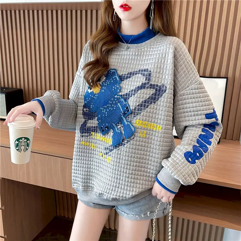 Mode Gefälschte Zwei-stück Pullover Frauen Frühling Herbst Trend Lose Beiläufige Top Harajuku Design Waffel Sweatshirt Frau Y2k Pullover