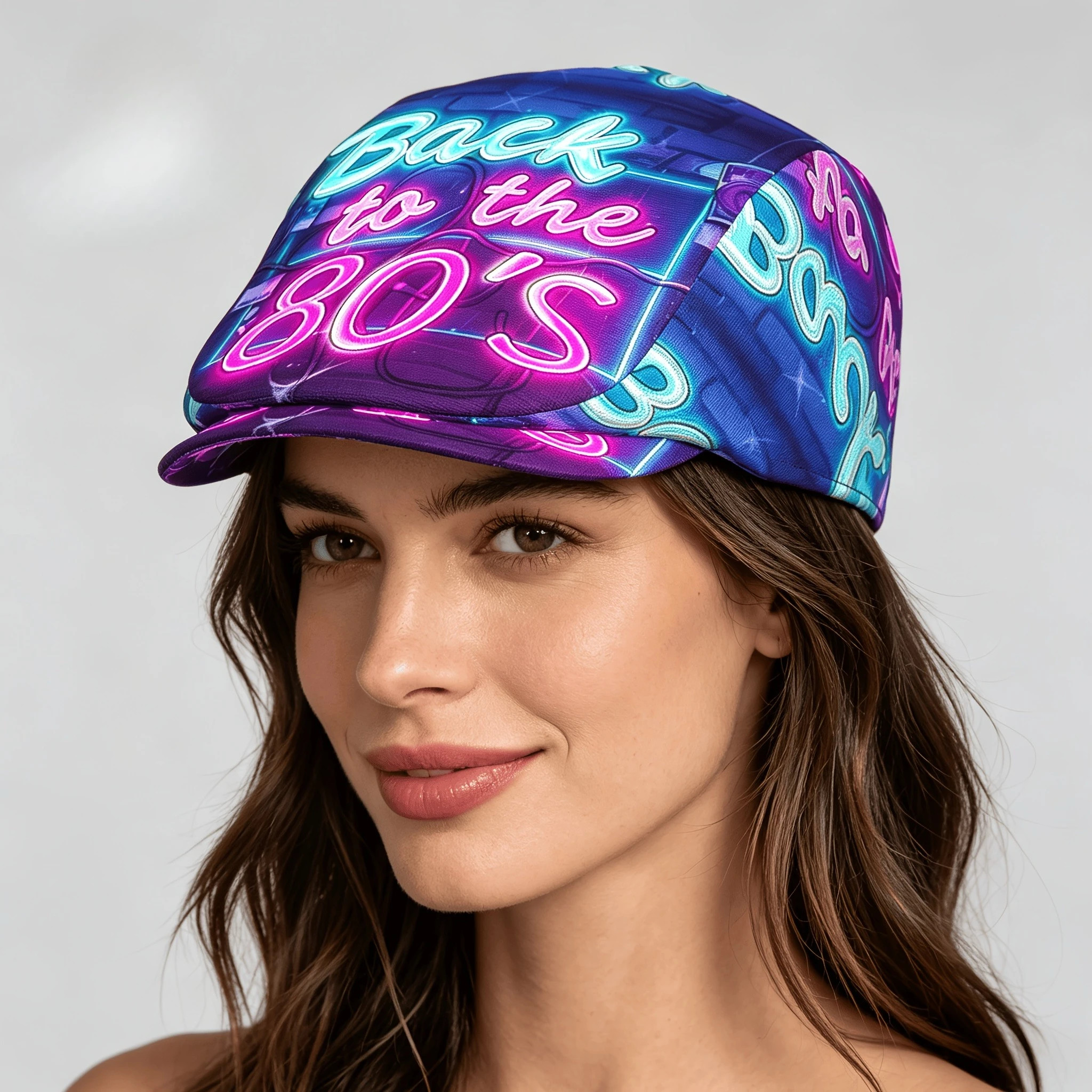 2D Flat, 1pc Neon Back to 80s Wall Art All-over Print Flat-top Hats for Men and Women, Newsboy Caps, Berets, Irish Hats, Driver