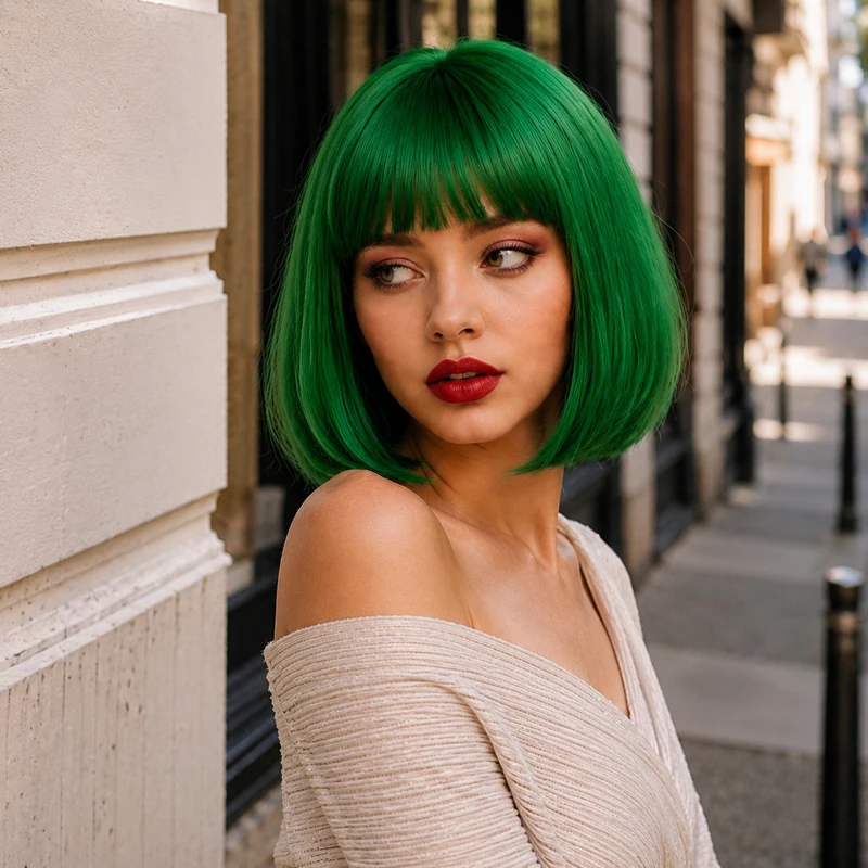 

Women's green 12 inch synthetic bangs with no glue Bob wig, fashionable, elegant, and versatile