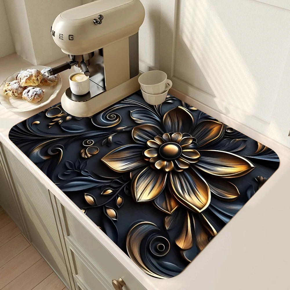Abstract Flower Dish Drying Mat for Kitchen Golden Grey Marble Dishes Pad Dish Drainer Rack Mats Absorbent Fast Dry Kitchen