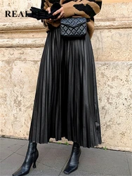 REALEFT Autumn Winter Black PU-leather Pleated Skirt New 2023 Women High Waist Fashionable All-match A-Line mi-long Skirt Female