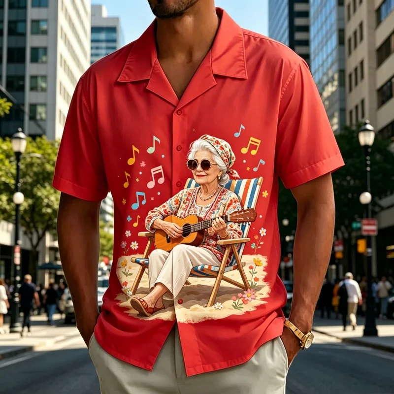 Men's Short Sleeve Shirt Artistic Elderly Guitar Music Note Print Button Up Casual Street Trend Holiday Summer Mens Clothing