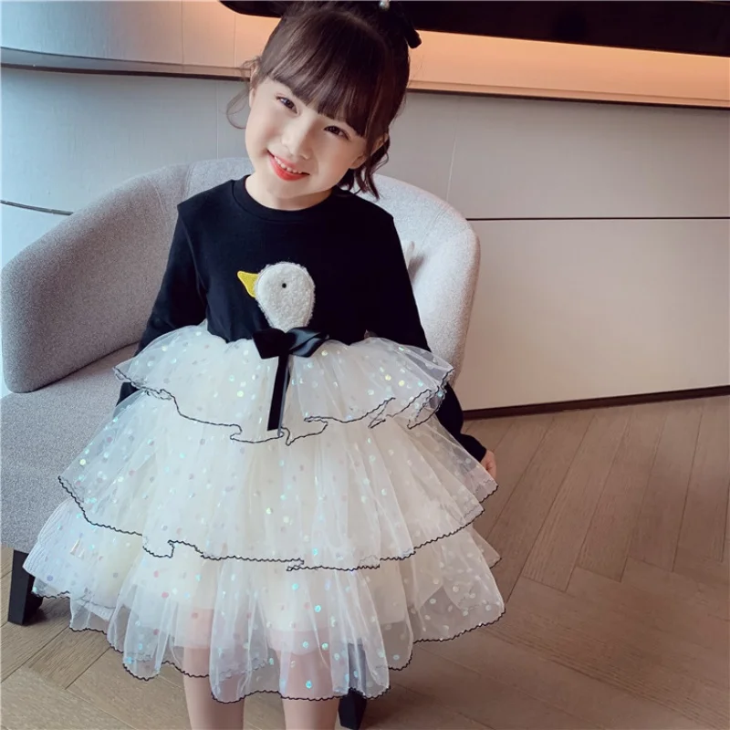 New Spring Autumn Girls Dress Cartoon Swan Patchwork Style Sparkling Decorative Cake Lace Dresses For Kids Children Present