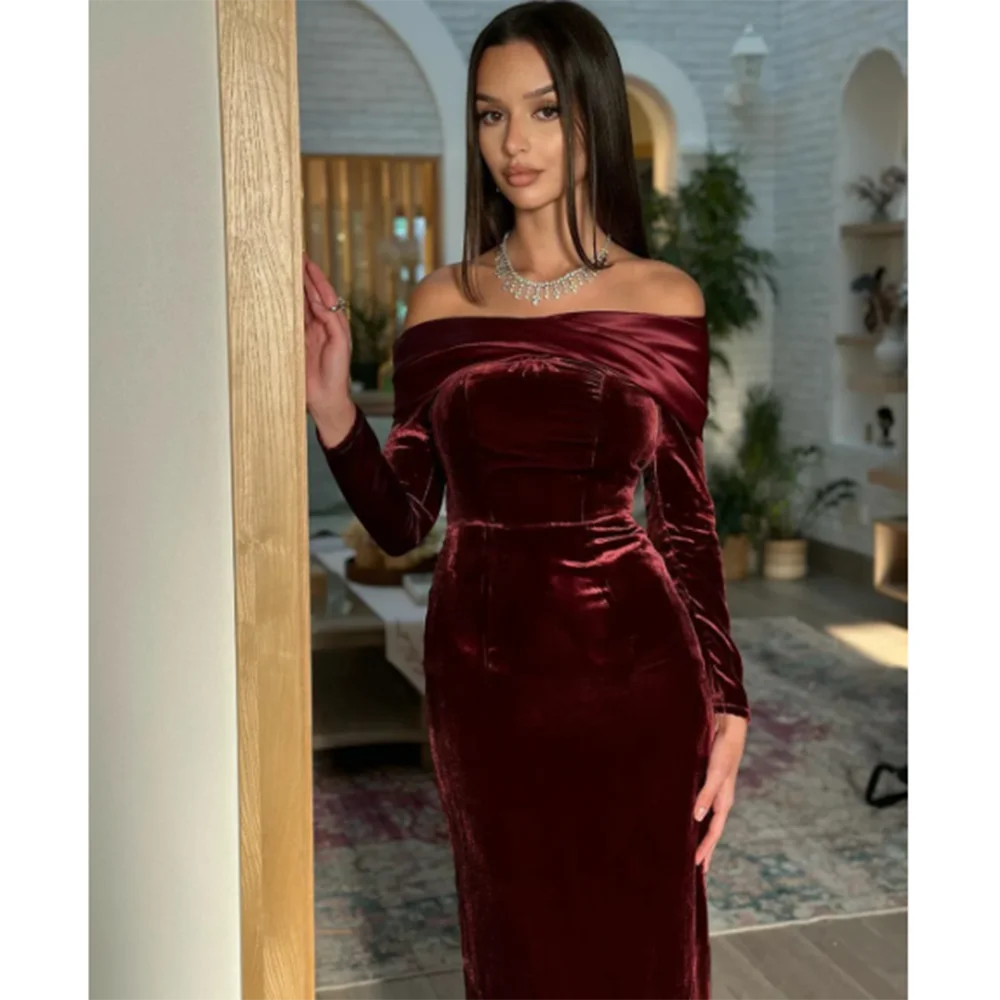 Christmas Winter Burgundy Women Prom Dresses Off the Shoulder Full Sleeves Floor Length Straight Simple Evening Party Gowns