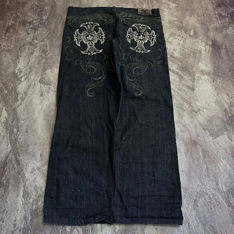 Y2K موضة جديدة نمط التطريز الأسود فضفاض الجينز النساء Harajuku الهيب هوب شعبية روك عادية مهرج عالية الخصر بنطال ذو قصة أرجل واسعة