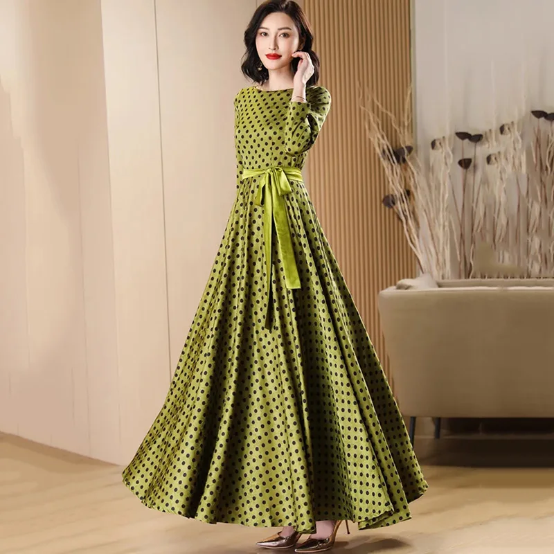 

Long sleeved dress for women's 2023 spring and autumn new large swing dress, high-end long polka dot dress