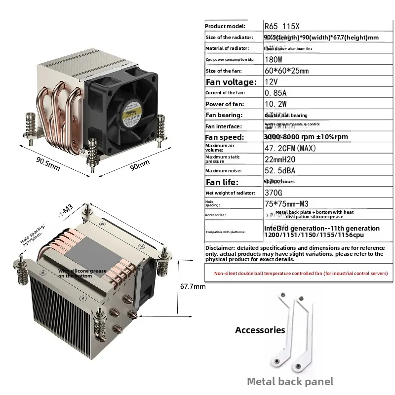 R65 1200/115X, 8000 RPM, 5 heat pipes, compatible with CPUs under 180W power consumption