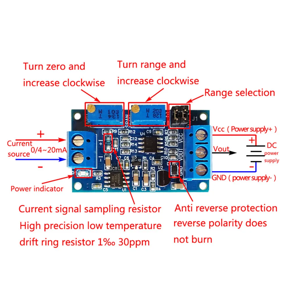 Current To Voltage Module 0 -20mA/4 -20mA to 0- 3.3V/0 -5V/0 -10V Voltage Transmitter Signal Converter Module I/V Transmitter