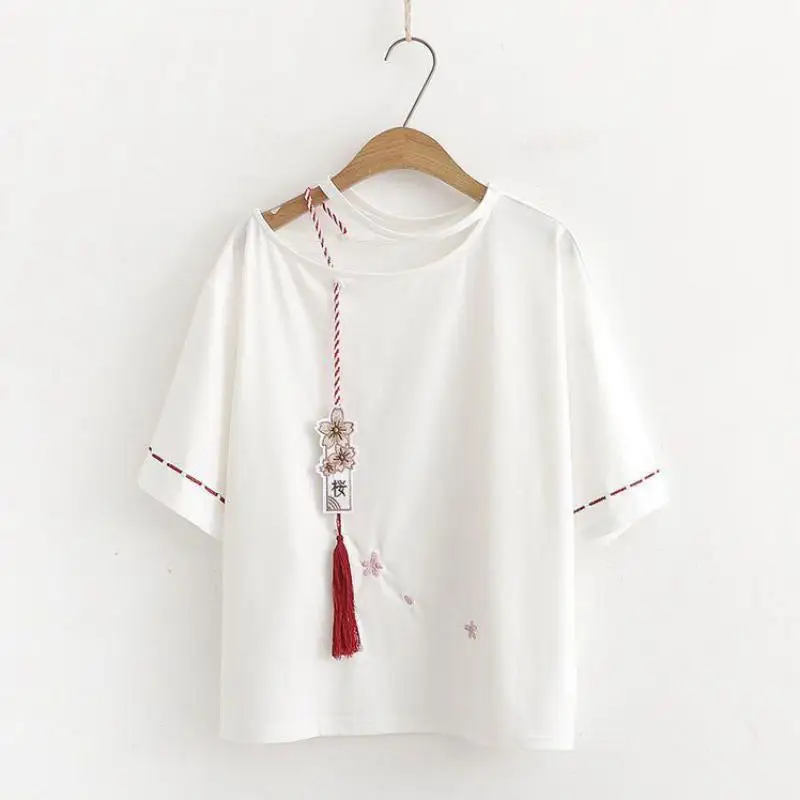 

Japanese Summer New Short Sleeved Latin Tops Women's Loose Flare Sleeve Embroidered Off The Shoulder Student Ancient Style Tops