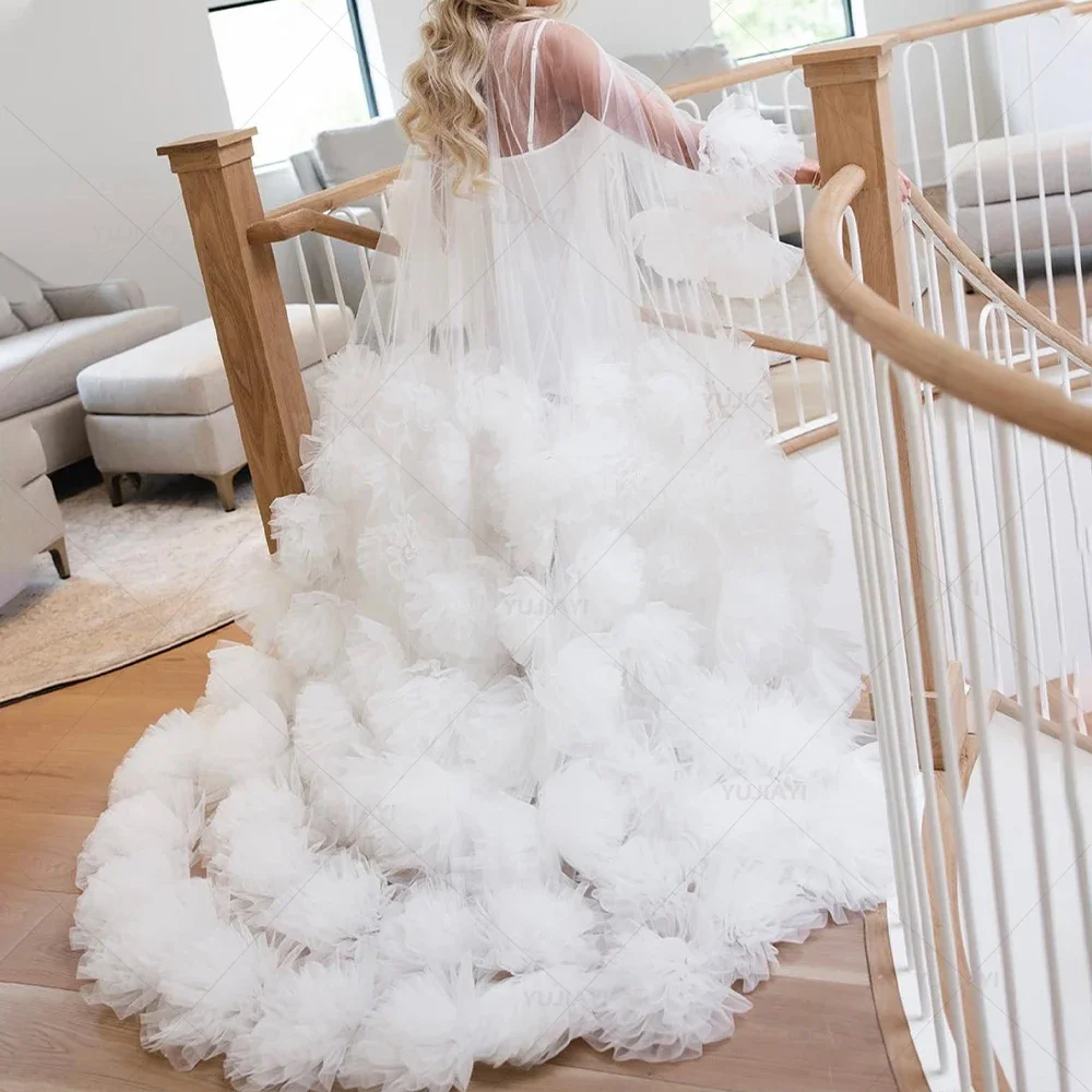 Customized White Bridal Dresses for Photoshoot Puffy Tulle Flower Women Long Robe Maxi Gown Wedding Bride Sleepwear Nightwear