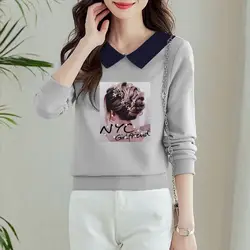 Office Lady Fashion Flower Letter Printing Pullover con colletto rovesciato abbigliamento donna manica lunga primavera autunno top eleganti