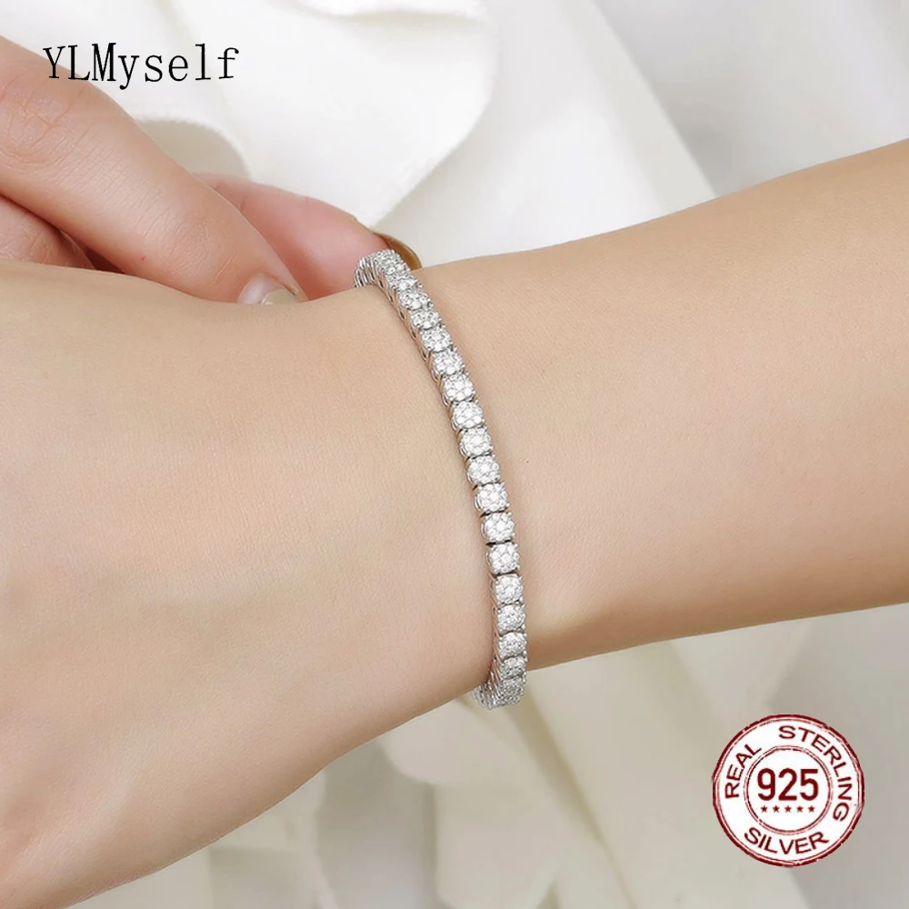 

Solid 925 Silver Tennis Bracelet Pave real 1.0mm & 1.3mm White Moissanite Diamond HipHop Rock Chain Fine Jewelry For Women