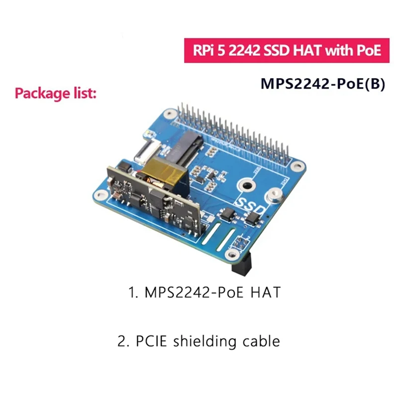 

MPS2242-POE B для Raspberry Pi 5 PCIE к NVME SSD 2242 Шляпа с питанием POE 5 В 4,5 А Поддержка 2242/2230