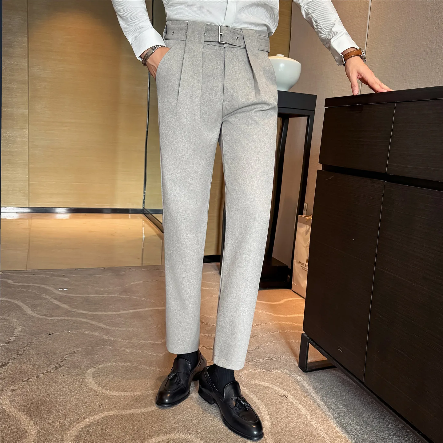 

High Quality Wool Neapolitan Suit Pants Men Autumn Winter Thick Warm Business Casual PantsSocial Streetwear Trousers