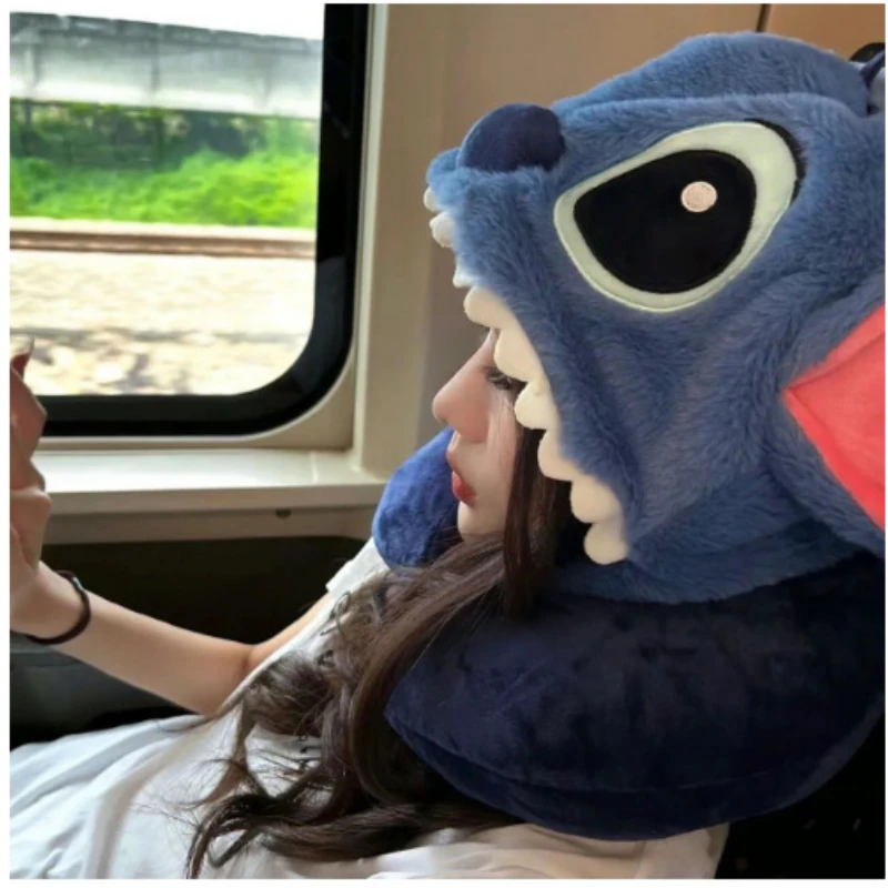 

Disney Kawaii Stitch U-shaped Pillow with Hooded Anime Figure Protect The Neck Nap Multifunction Pillow Travel Cofortable Gifts