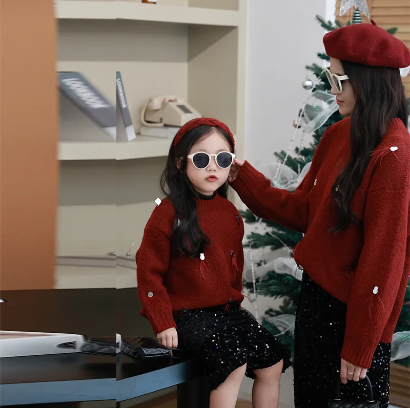 Christmas Winter Mother and Baby Girl Red Sweater New Year Mom and Daughter Matching Knit Jumpers Warm Thick Long Skirts Outfits