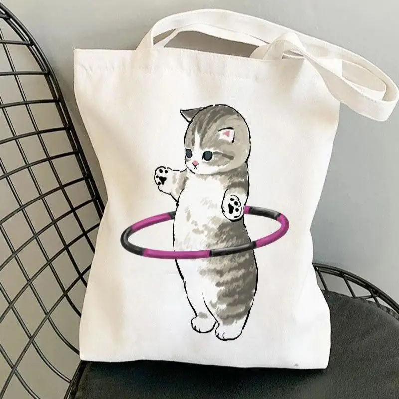 Funny Cat Printed Harajuku Shoulder Bags Kawaii Fashion Tote Handbag Canvas Environmental Large Capacity Portable Shopping Bag