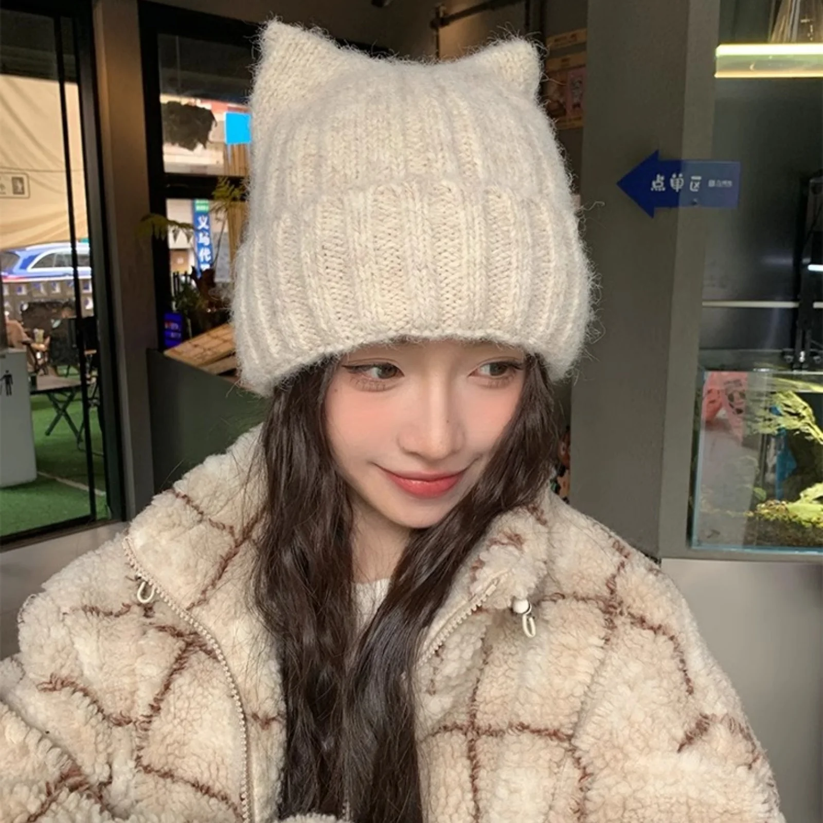 1PC Cat Ear Knitted Beanies, Cute Winter Warm Wool Hats For Women, Korean Style Fashion Headwear image 5
