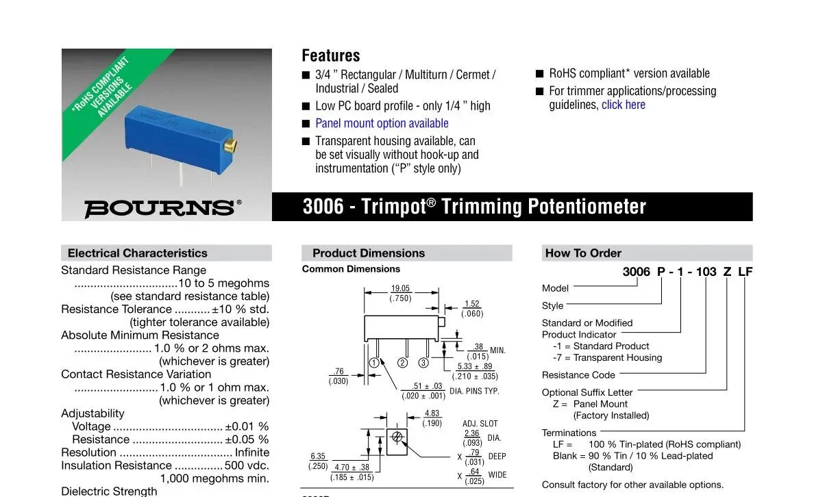 3006P-1-100LF Multi turn adjustable potentiometer 10R 100R 1K 10K 100K 1M BOURNS new and original 5pcs/Lot