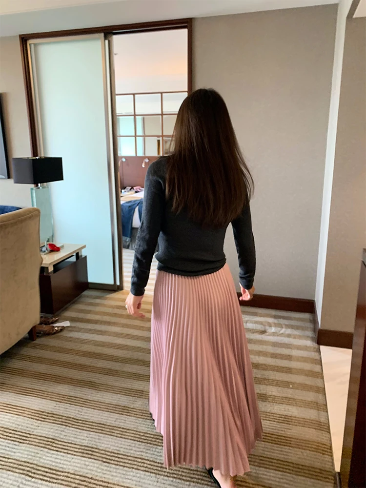 Pink Woolen Plaid A-Line  Skirt Pleated High Waist Polyester Cotton Blend Daily Wear Commute Style Korean Fashion