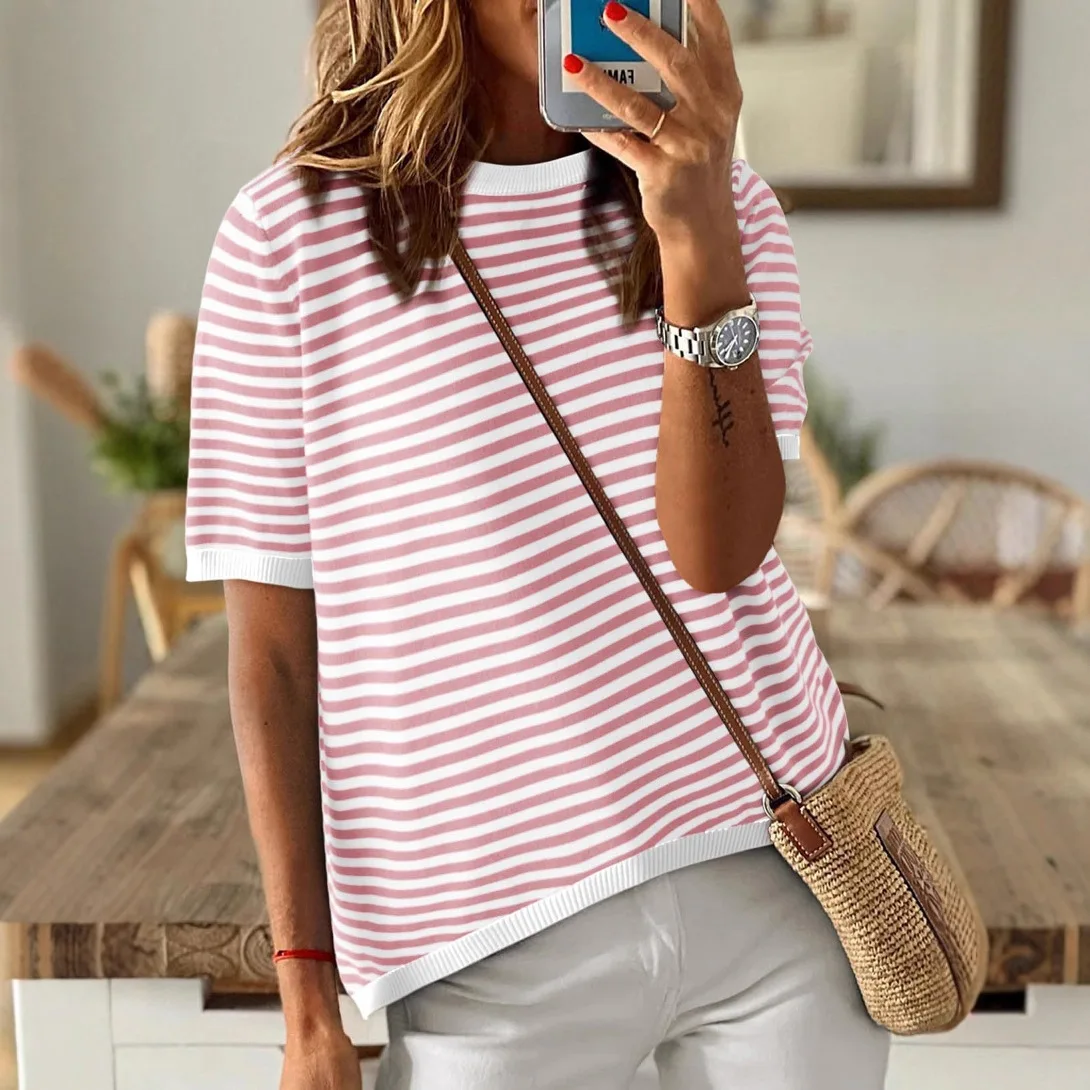 

New Knitted Sweater Striped Design Shoulder Long-sleeved Top European and America 2025 n