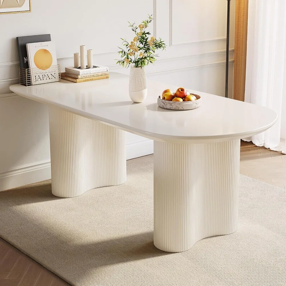 

oval modern dining table for 4-6 people, cute cream style with wooden base for kitchen dining area
