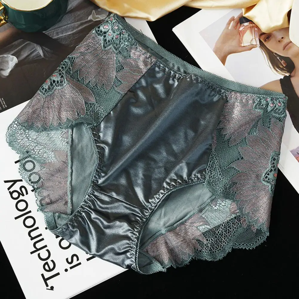 

Soft Briefs Elegant Lace Flower Embroidery Women's Mid Waist Panties Soft Breathable Ice Silk Lady Underwear Briefs for Women