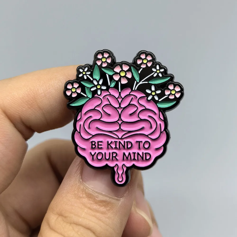 Be Kind To Your Mind Enamel Brooch Pin Creative Brain Flowers Collar Lapel Pins Badges Brooches Fashion Jewelry Accessories