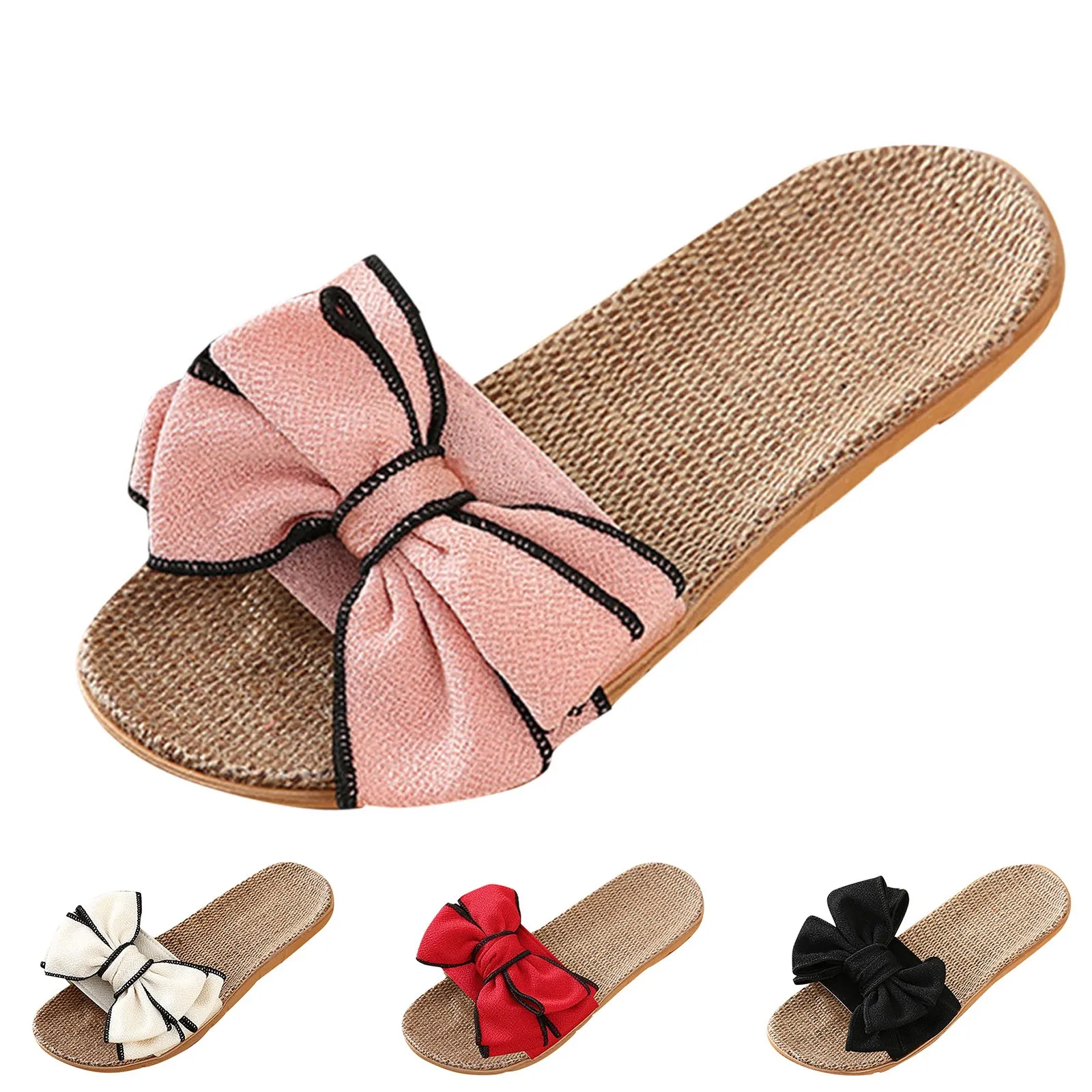 Women Summer Casual Slides Comfortable Flax Slippers Striped Bow Linen Flip Flops Platform Sandals Ladies Indoor Shoes Femme