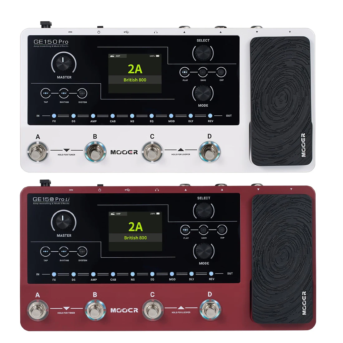 MOOER GE150 Pro/Pro Li Guitar Amp Modelling Multi Effects Pedal Built-in 9 hrs Battery with 4 Footswitches, IR Loader,