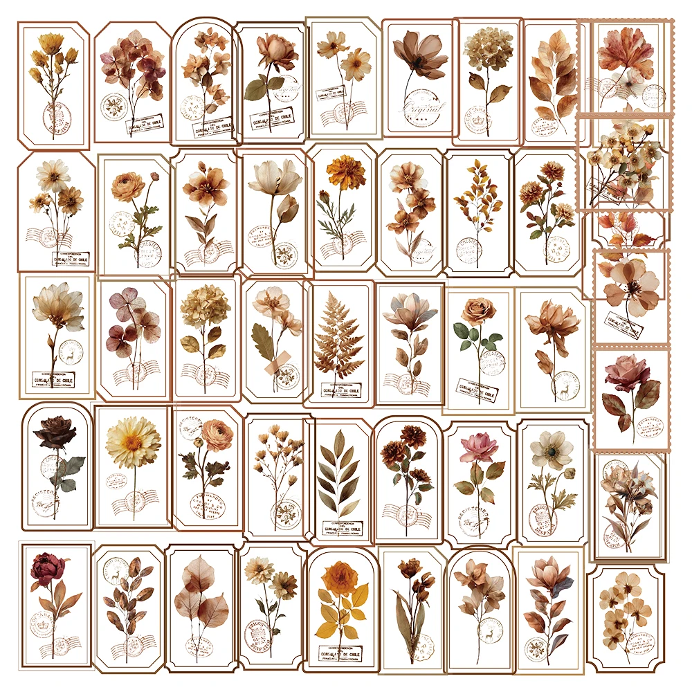 

50PCS Creative Old Page Flower Picking PET Transparent Material Stickers, Water Cup Phone Case Aesthetic Personalized Stickers