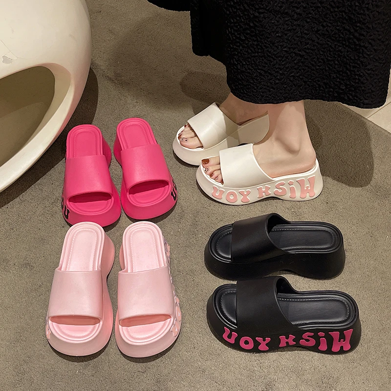 Women EVA Platform Slide Sandals | Side Letter Print Ultra Thick Sole Cloud Slippers, Non-slip Height Increasing Summer Beach Sl image 5