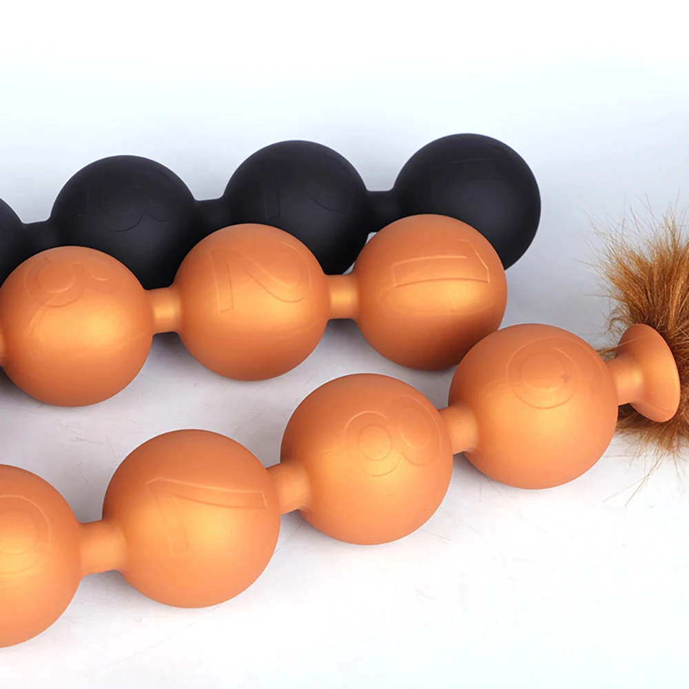 Soft Liquid Silicone Big Anal Plug with Plush Fox Tail Night Glow Butt Pull Beads Adult Sex Toys for BDSM Cosplay Huge Sensation