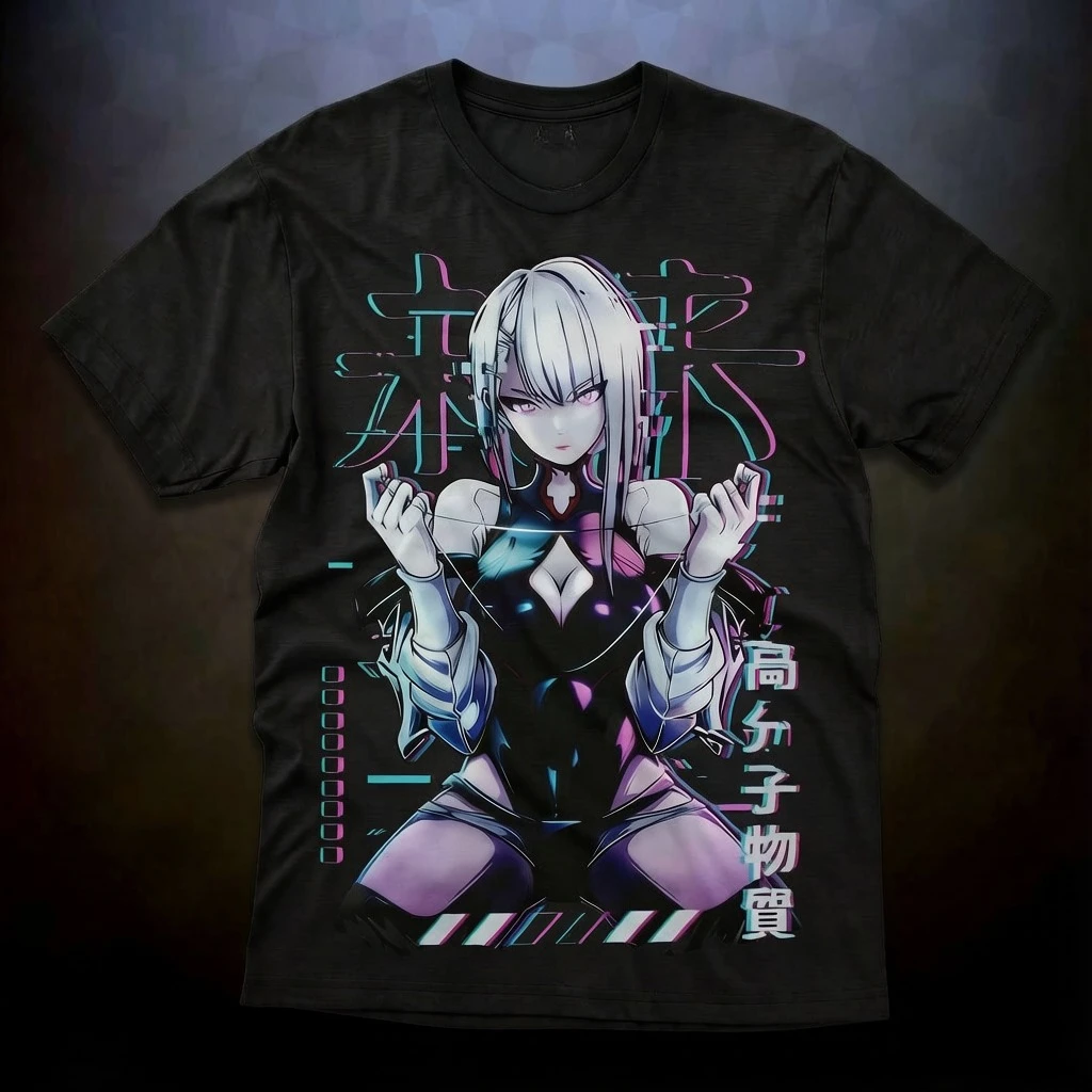 2026 Summer Cyberpunk Edgerunners T-shirt, Lucy Pink Cyan Glitch