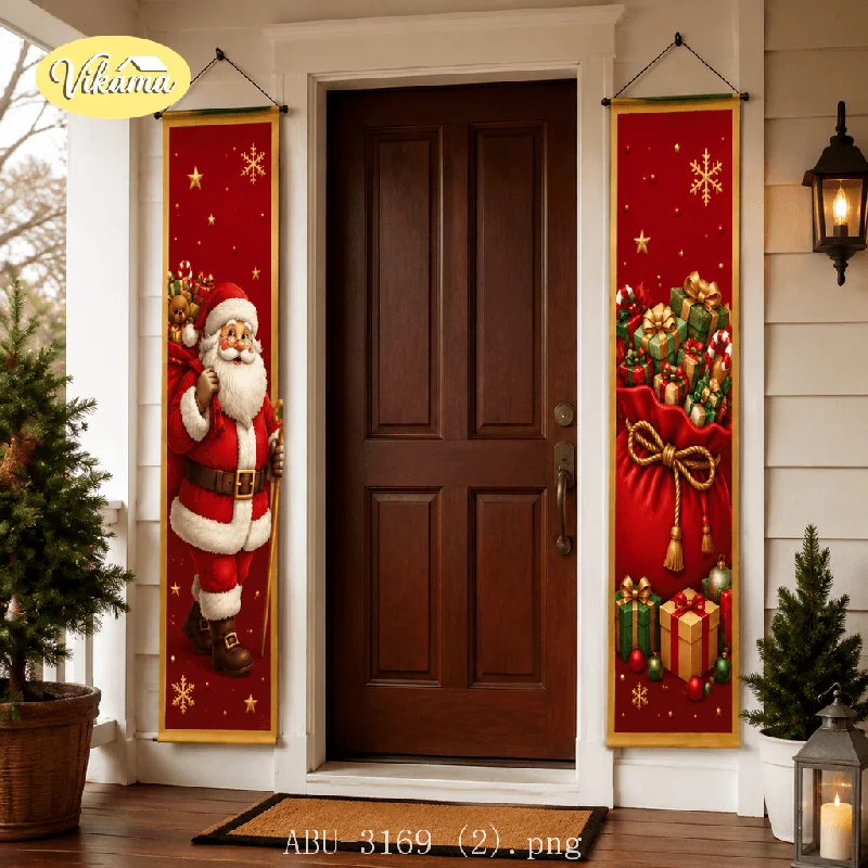 VIKAMA Vintage Christmas Door Couplet Tapestry Santa Sleigh Reindeer Gift Front Door Porch Entryway Home Holiday Decor
