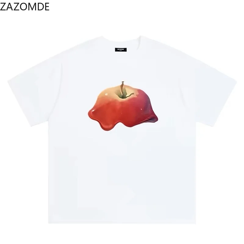 ZAZOMDE Streetwear Hip Hop Melting Apple Graphic T-Shirt Trendy Unique Liquid Fruit Print Cotton Short Sleeve Casual Fashion Tee