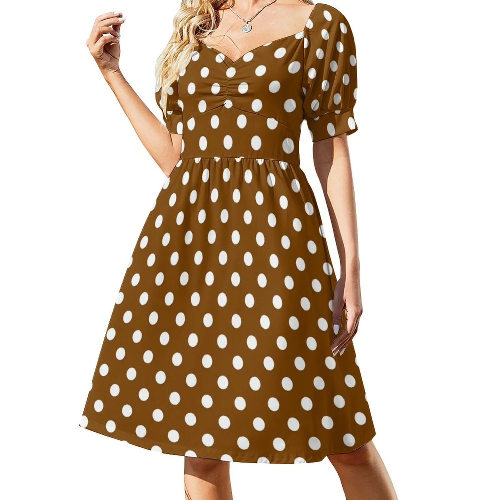 

Chocolate Brown with White Polka Dots Short Sleeved Dress summer dress for women 2025 dresses for woman Dress