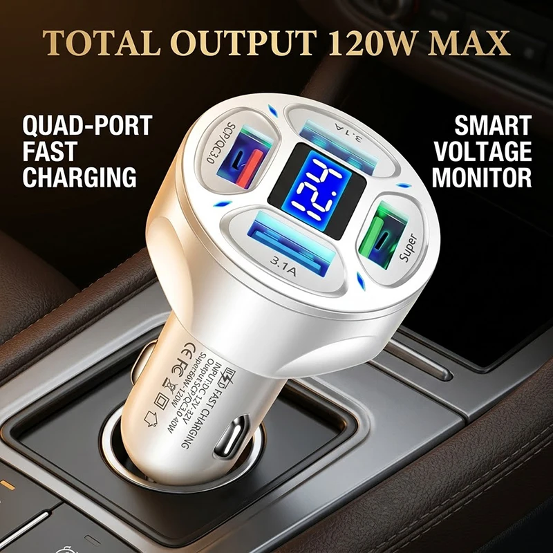 Universal 66W 4-Port Car Charger with LED Digital Display 12V/24V Fast Charging Cigarette Lighter Adapter For Smartphones