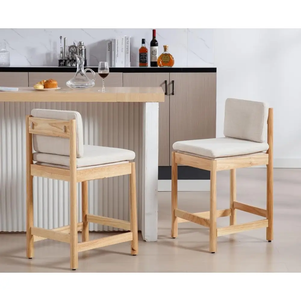

Upholstered Linen Counter Height Bar Stools Set of 2 with Natural Wood Legs for Kitchen Island/Pub, Beige