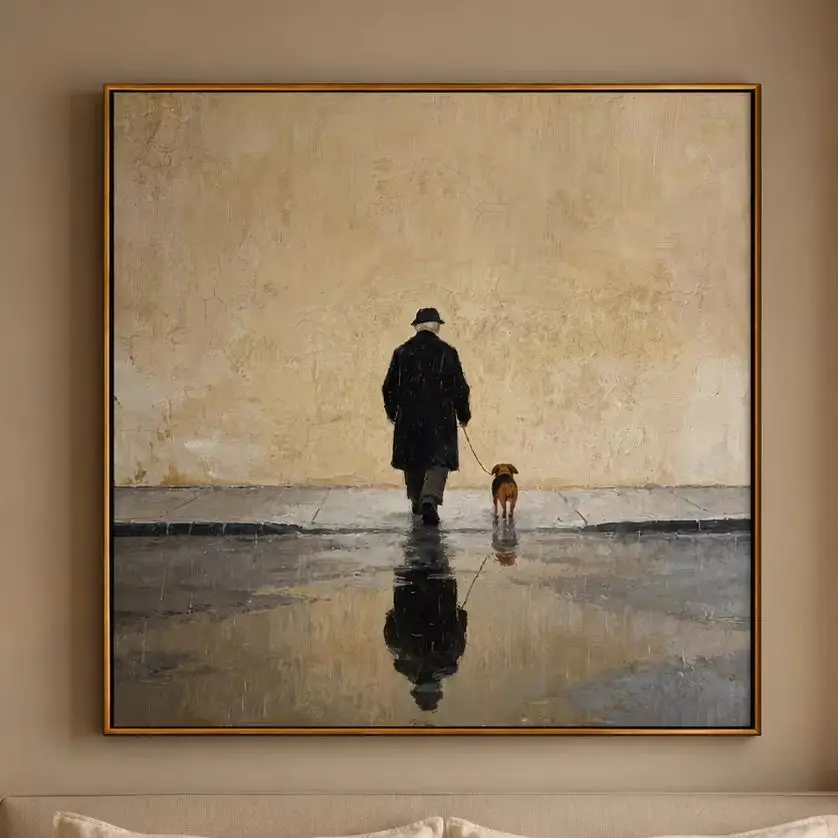 The Rainy Reflection – Moody Folk Man & Dog Portrait Painting | Minimalist Square Entryway Art for Bedroom, Living Room, Office