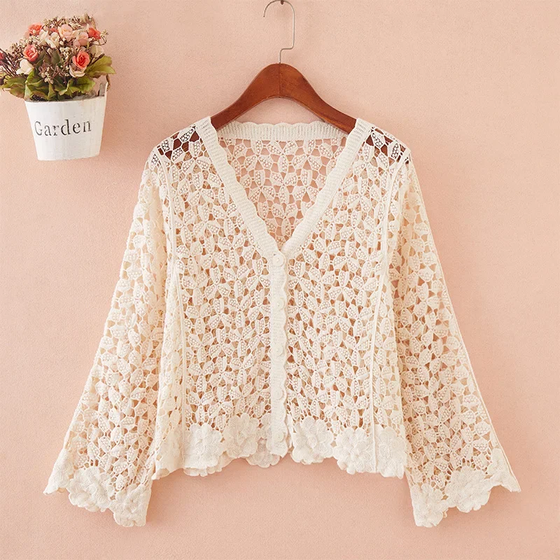 Womens Crochet Top with Long Sleeve Button Front Flower Embroidery White Hollow-out Open-knit Cardigan Summer Beach Wear