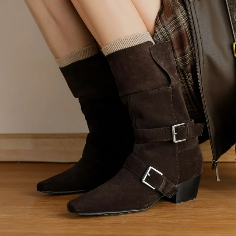 

Winter Women Shoes Cow Suede Leather Mid Calf Boots Square Toe Fashion Thick Heels Shoes Winter Retro Buckle Boots BN007