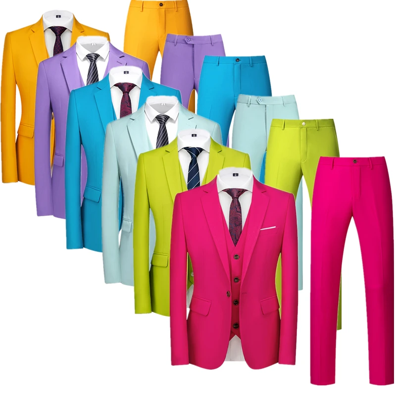 

Мужской синий костюм-тройка, красная куртка с v-образным вырезом на одной пуговице в сочетании с жилетом и брюками, облегающий стиль азиатского размера.