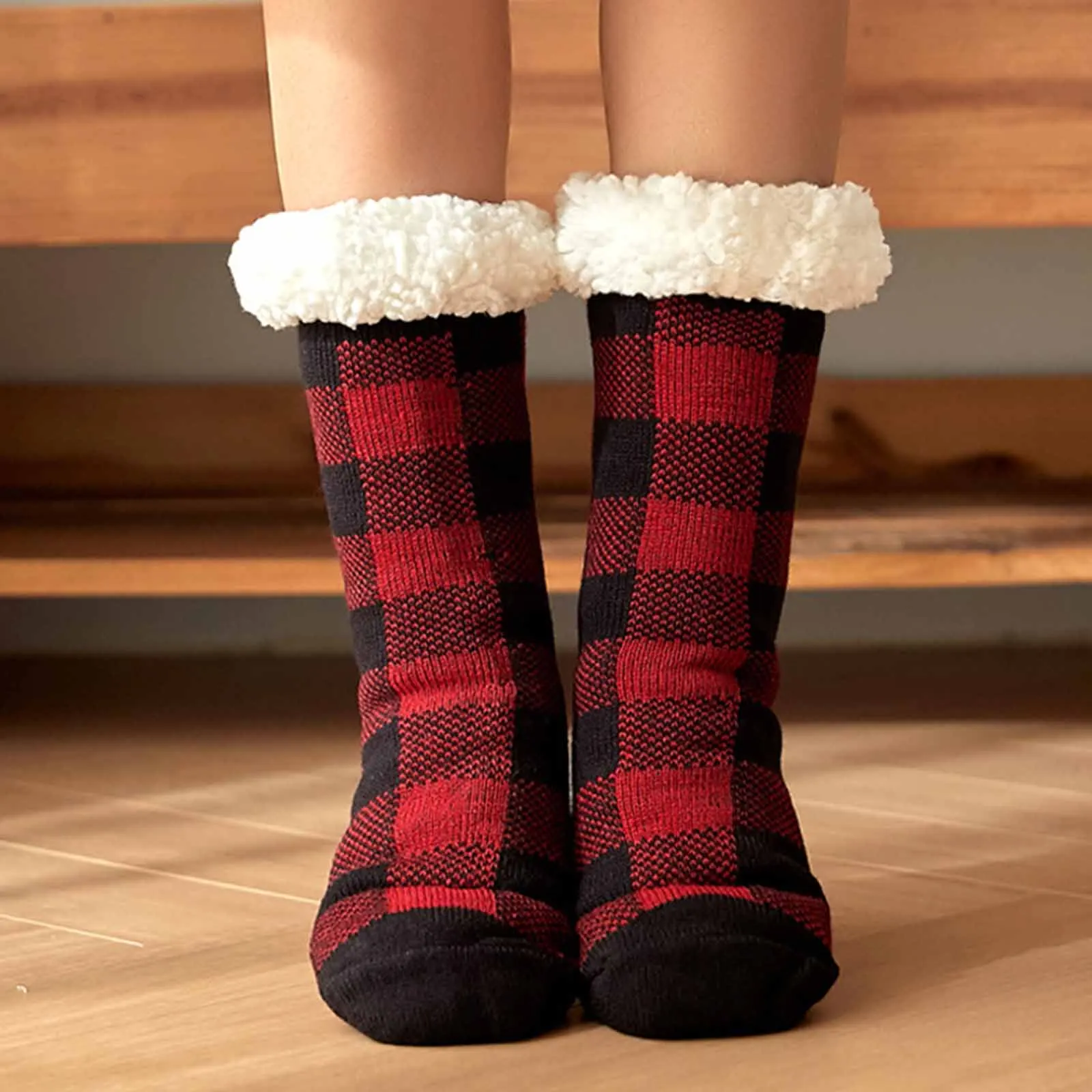 Christmas Fuzzy Fluffy Socks Women Winter Plush Soft Floor Female Anti Slip Non Grip Slippers Short Sock Plaid 2024 New Gift