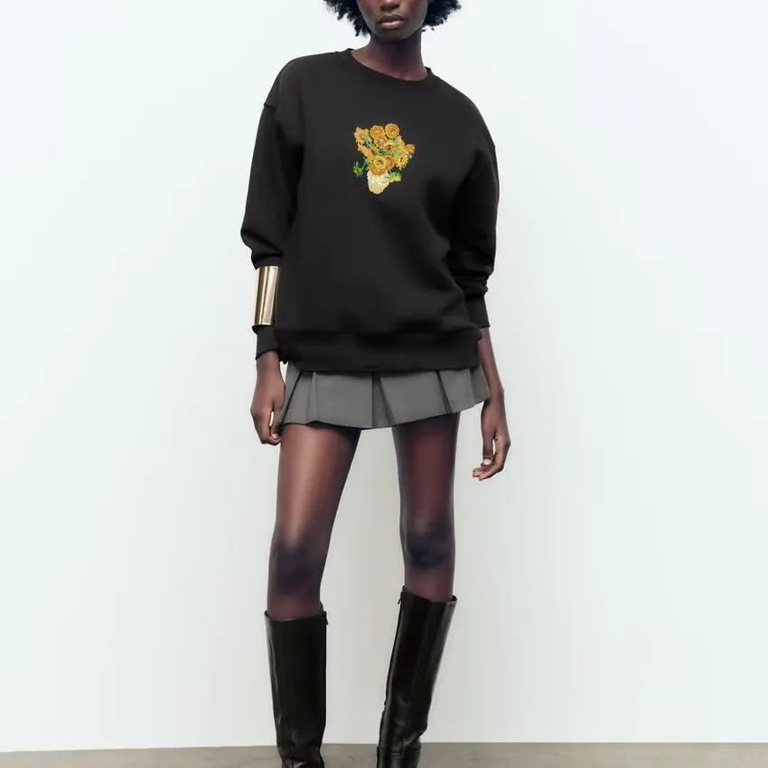 Faionable Suower-Sudadera bordada para mujer, camiseta larga holgada de poliéster, redonda, Otoño Invierno, recién llegada