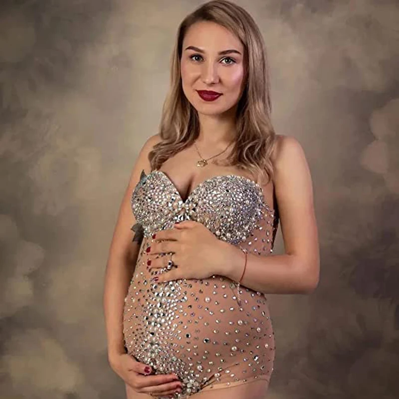 

Maternity Photography Sexy Goddess V Neck Rhinestones Pearls Luxurious Stretch Jumpsuits Dress For Photo Shoot Props