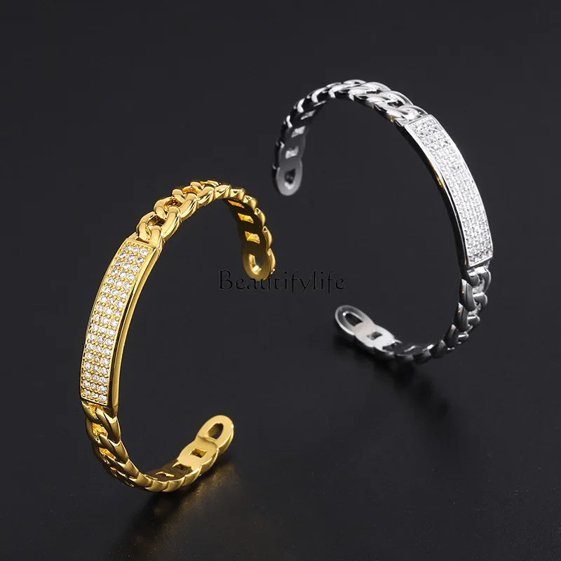 European and American micro-inlaid zircon full diamond bracelet open gold-plated hollow chain