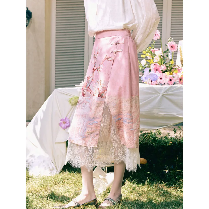 

Van Gogh-Inspired Cherry Blossom Lace Patchwork Midi Skirt